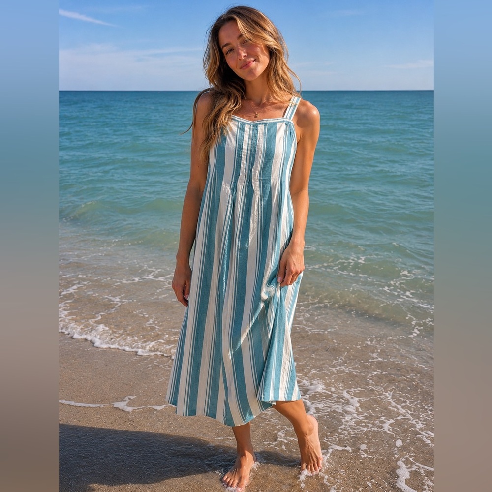 Sonoma Teal and White Striped Midi Sundress